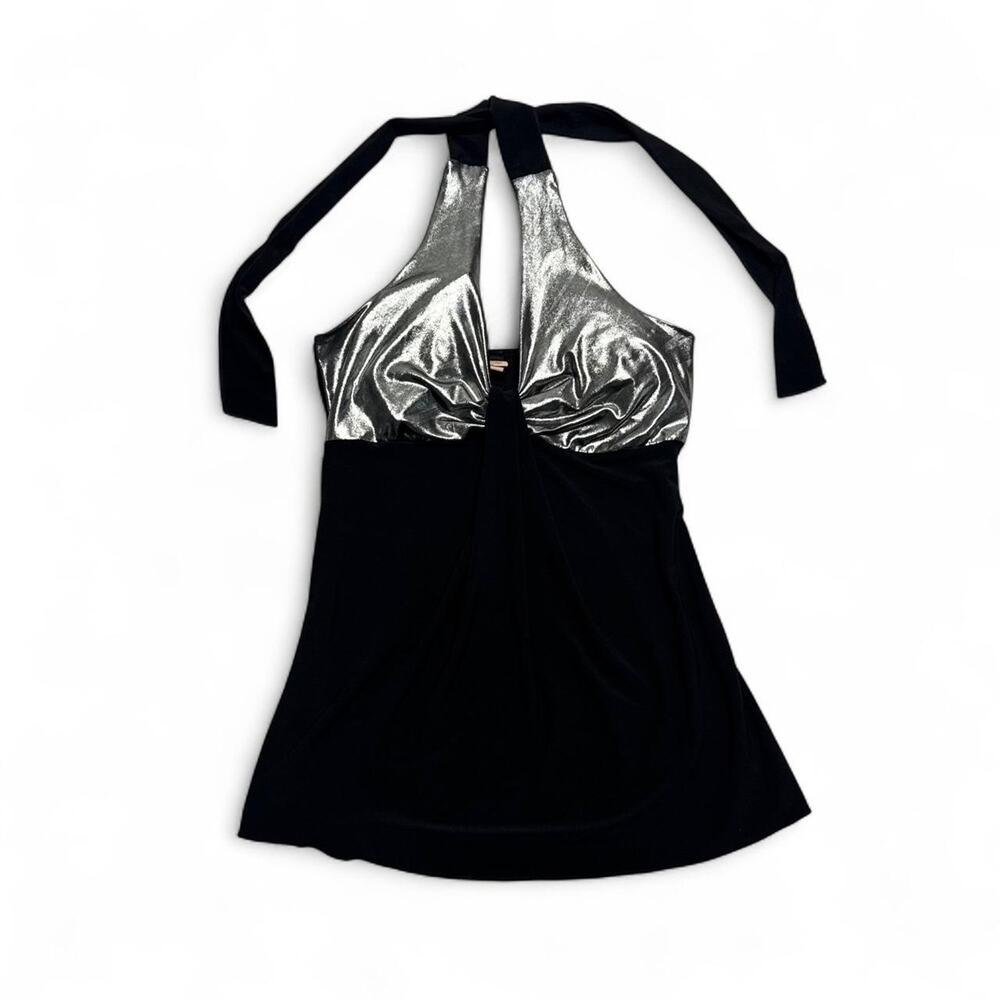 Sexy vintage Y2K black & silver halter top silver metallic top half black Size S